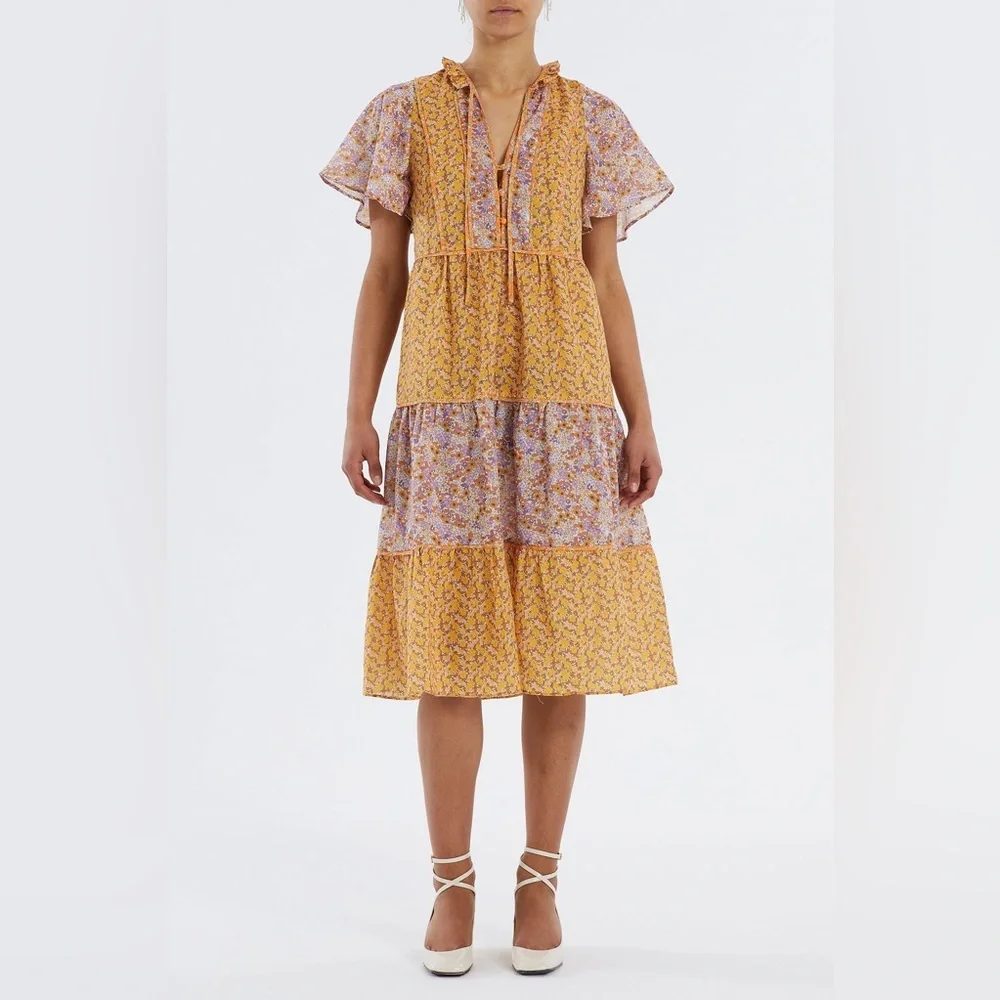 Lollys Laundry Godwin Floral Midi Dress Yellow Multicolor Size Large Pit 21 - Picture 3 of 17